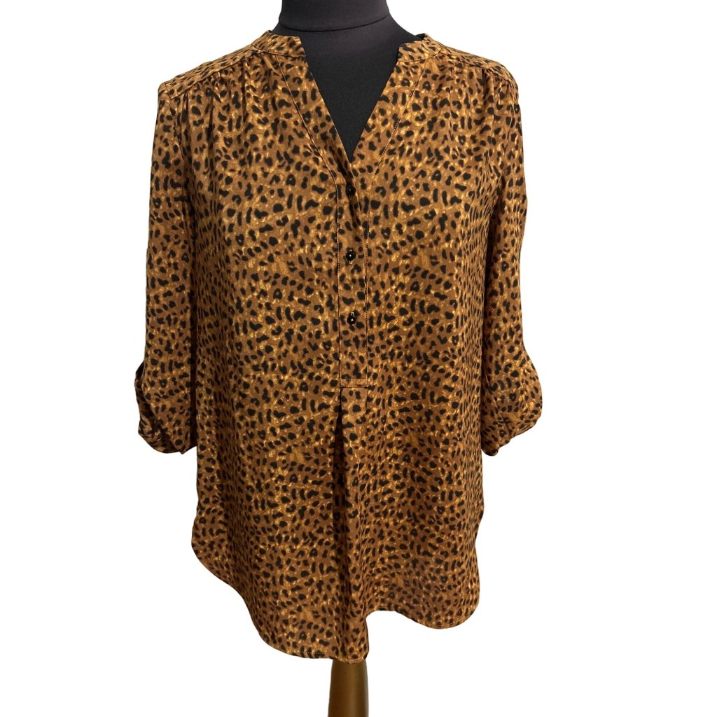 Peck & Peck Tan & Black Animal Print, V Neck, Roll Tab Sleeve, Size Medium